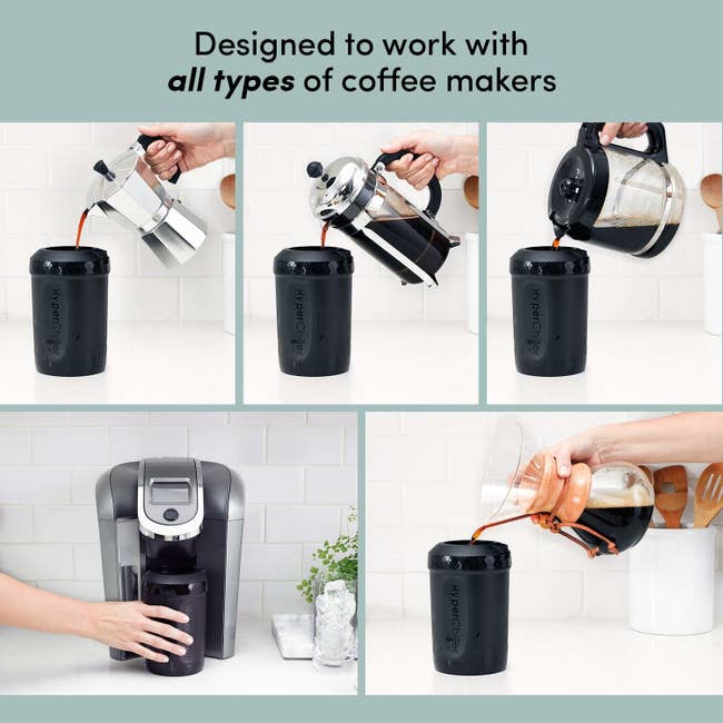 Coffee being poured into the device from different containers, including from a K-cup machine