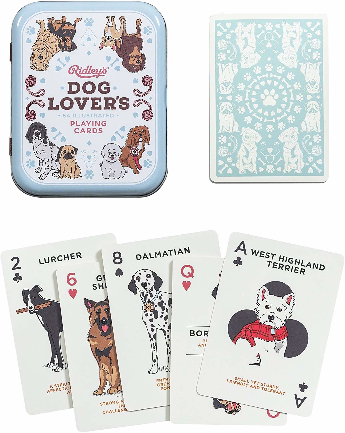 Metal case and five cards from the set; Ace of clubs is a West Highland Terrier