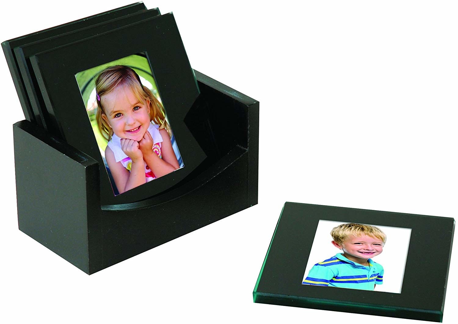 Kids photos in each of the four square, glass-topped coasters