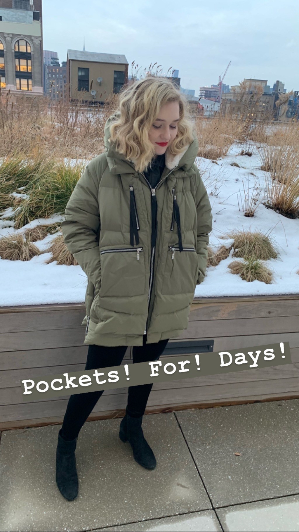 Maitland wearing the coat with text &quot;pockets for days&quot; 