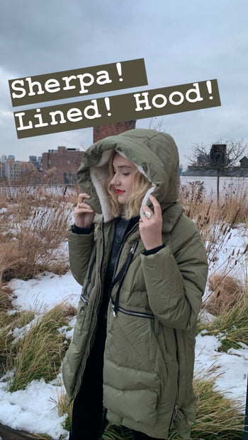 BuzzFeed Senior Editor wearing the olive green coat with text 