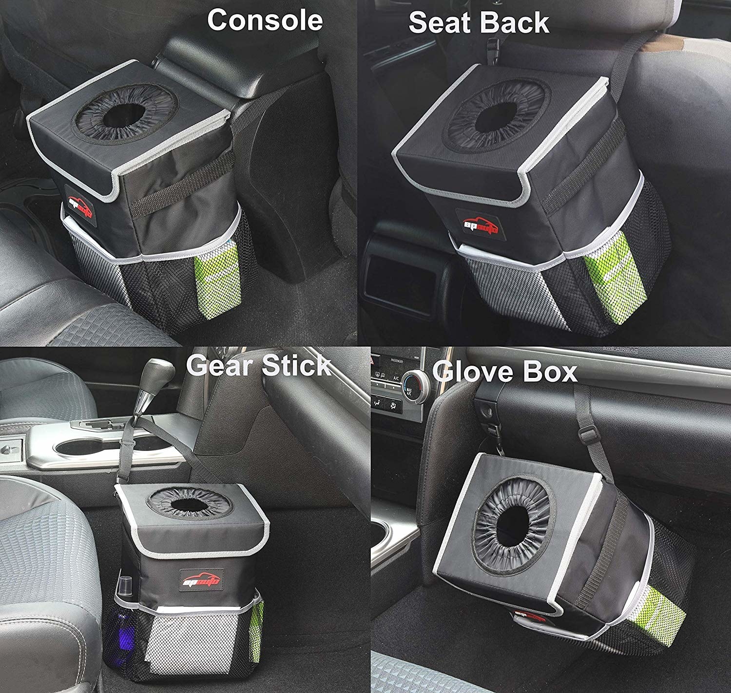 four images showing the trash can hanging from the center console, hanging from a seat back, hanging on the gear stick, and hanging from the glove box
