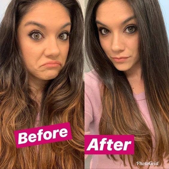 A before and after photo which shows a reviewer&#x27;s hair wavy and then straight and blow dryed
