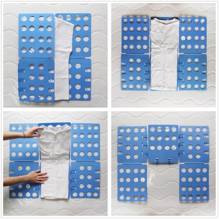 A collage showing the steps to correctly use the clothes folder