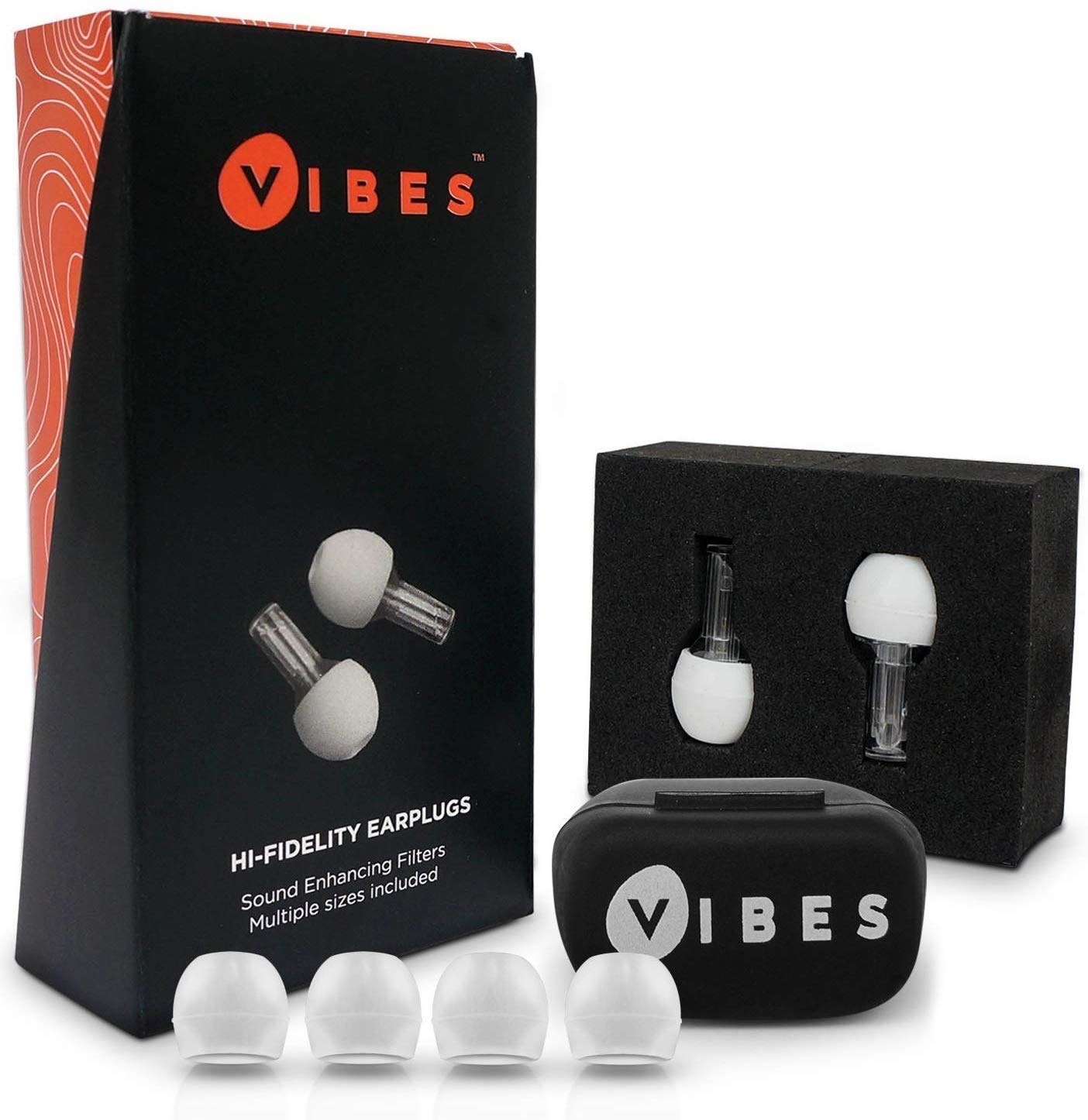 Earbuds with two extra plugs beside packaging 