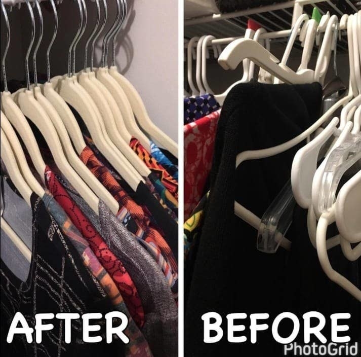 before-and-after of someone&#x27;s hangers looking messy with clothes falling off of them compared to a much neater closet with all matching hangers