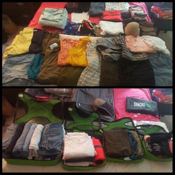 reviewer photo of all their clothes laid out on their bed and then placed in the packing cubes