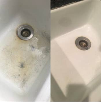 pic of stained porcelain sink and then the clean sink 