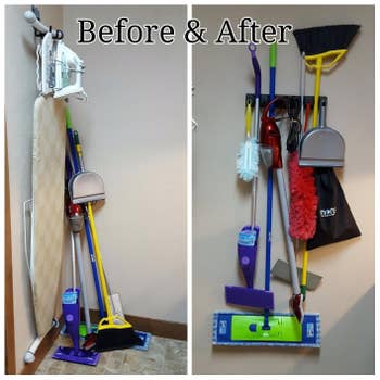 reviewer's before-and-after of brooms, mops, a swiffer, and more leaning against the wall compared to then being neatly organized in the holder attached to the wall 