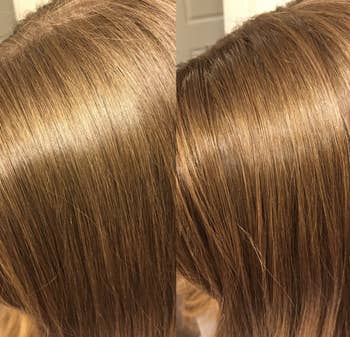 a before-and-after image of straight light brown hair with the picture on the right looking slightly more shiny