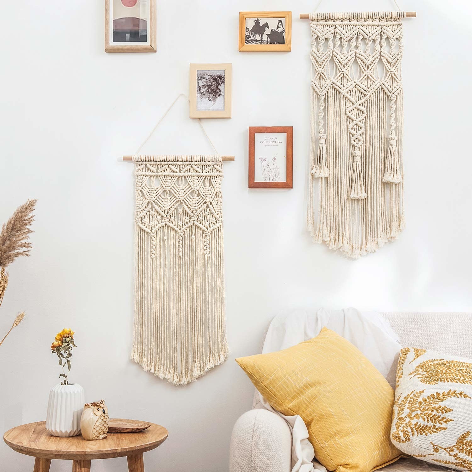 two taupe macrame hangings over a sofa with different designs