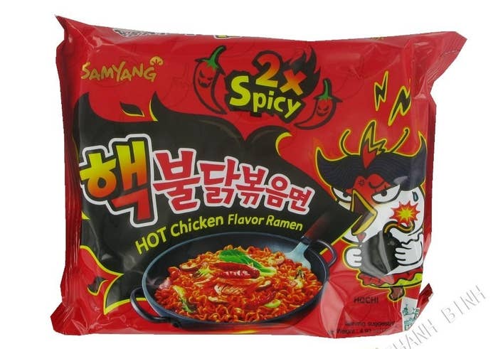 A packet of Samyang 2x Spicy Noodles.