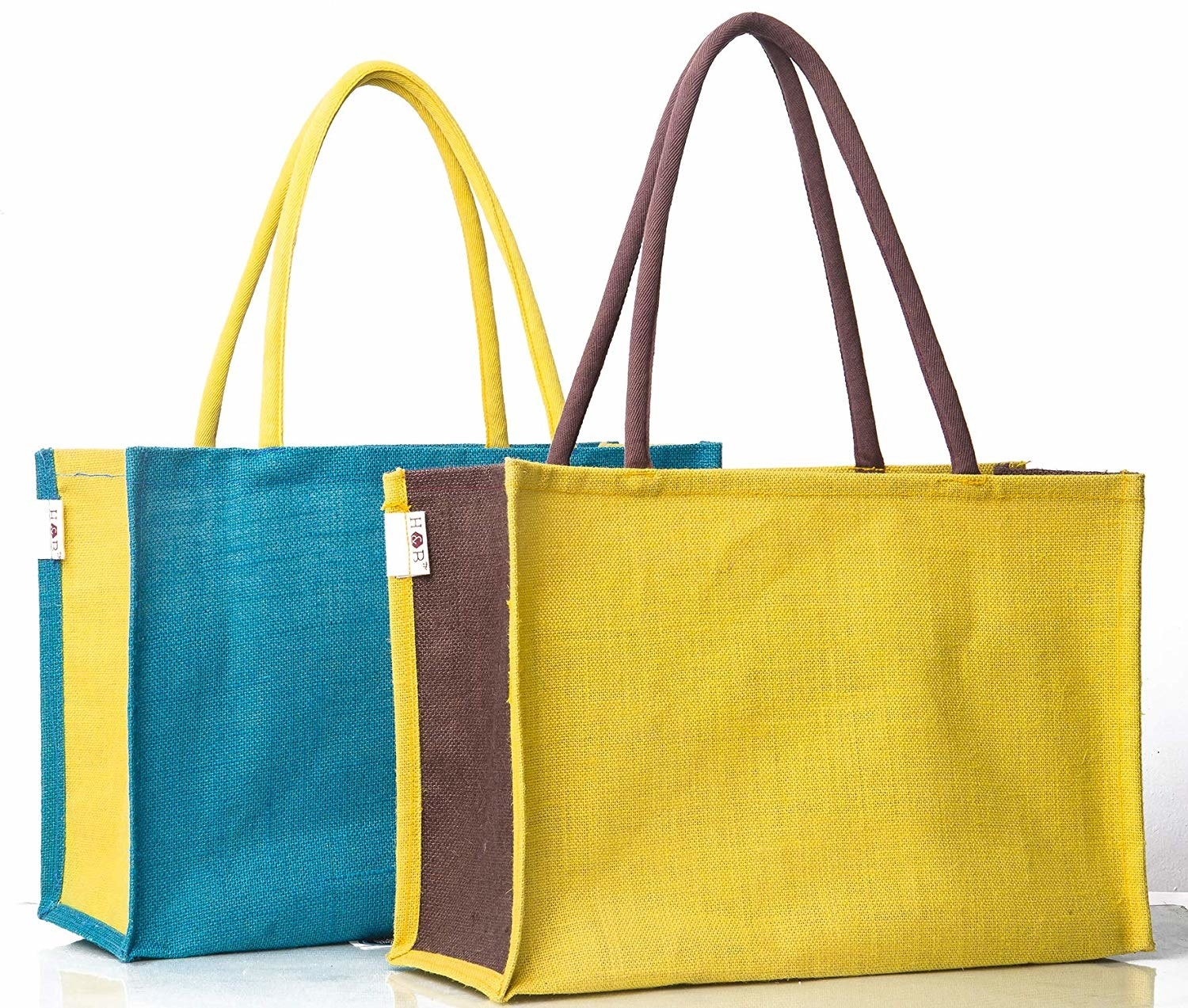 Two tote bags in the colour teal and yellow, and yellow and grey.