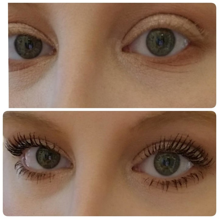 Reviewer before and after of their light, almost invisible lashes that are now dark and look fuller after applying the mascara