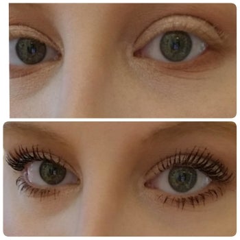 Reviewer before and after of their light, almost invisible lashes that are now dark and look fuller after applying the mascara