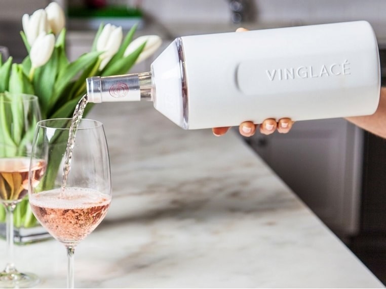the Vinglace wine chiller with a bottle of rose inside
