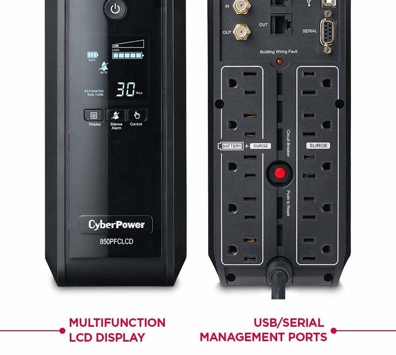 a black tower with many outlets