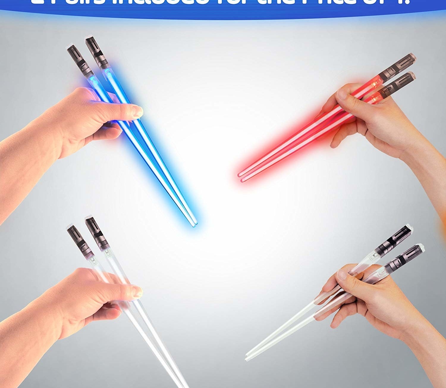 models holding chops sticks that look like lightsabers