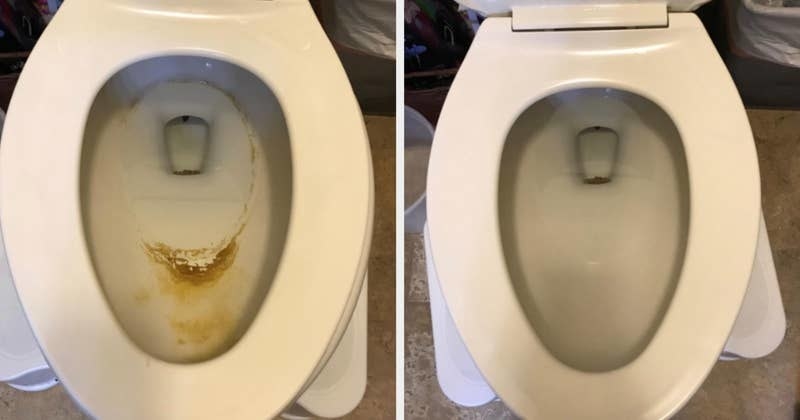 on the left, the inside of a reviewer&#x27;s toilet looking dirty, and on the right, the same toilet now looking clean