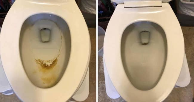 on the left, the inside of a reviewer's toilet looking dirty, and on the right, the same toilet now looking clean