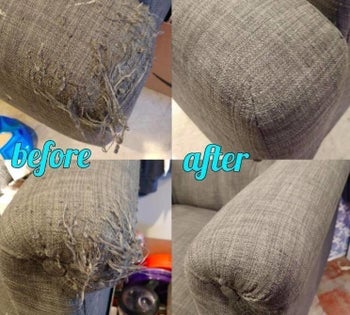 Reviewer photo of on the left, the arm of a couch with fabric pilling on it, and on the right, the same arm of the couch but the defuzzer got rid of the pilling