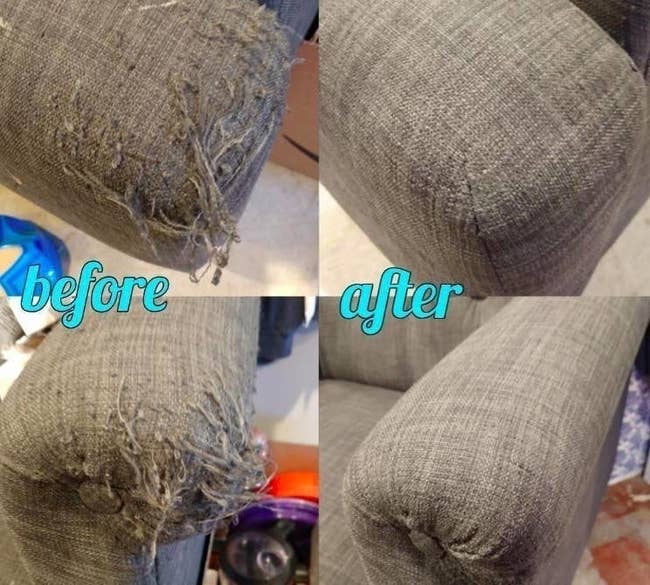 Reviewer photo of on the left, the arm of a couch with fabric pilling on it, and on the right, the same arm of the couch but the defuzzer got rid of the pilling