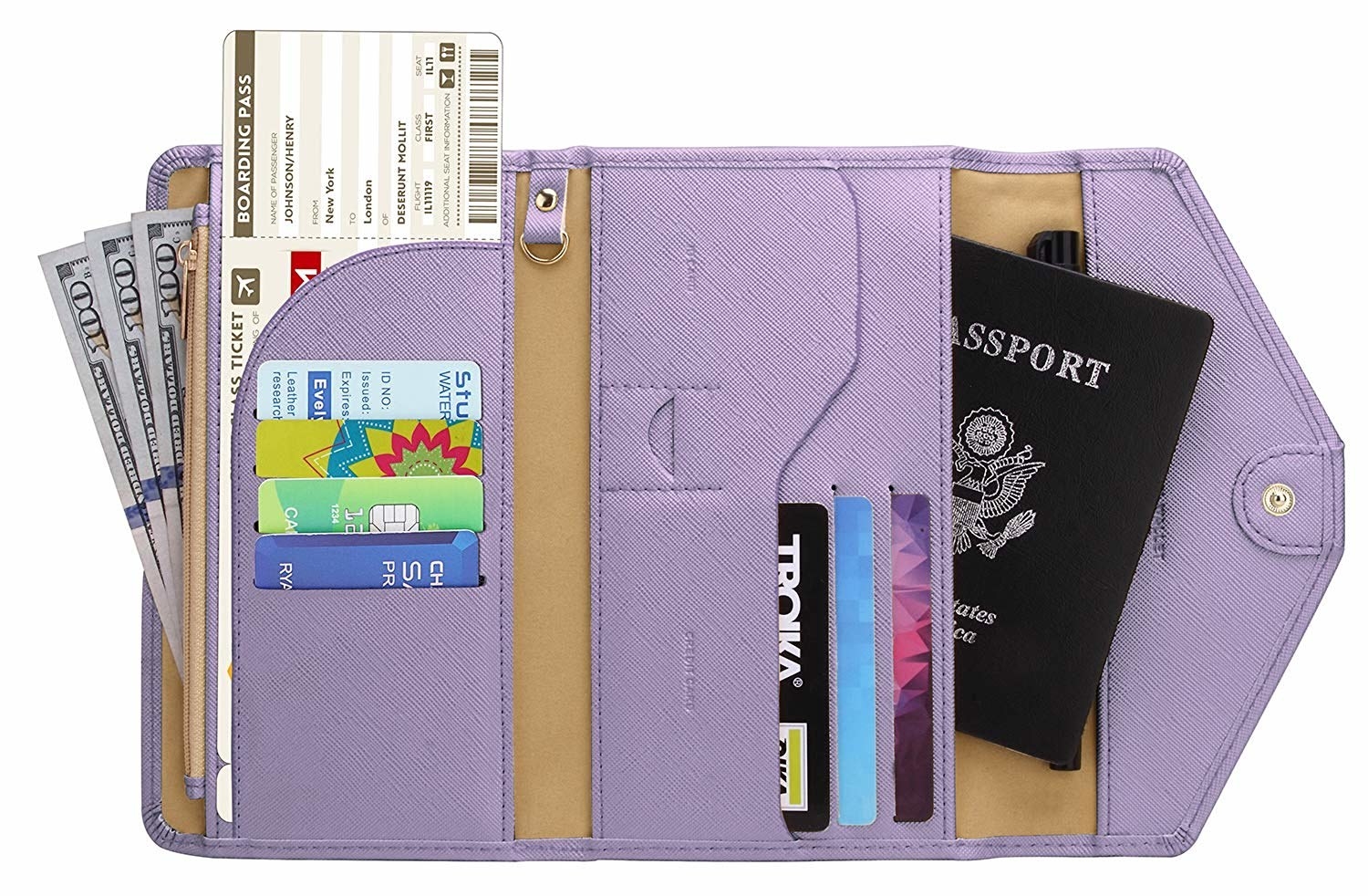 The purple wallet folding out to show compartments for a passport, ID, seven credit cards, a boarding pass, and cash