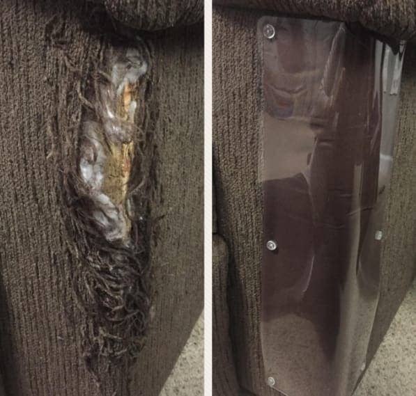 on the left, a reviewer's furniture with a rip, and on the right, the same furniture patched up with the furniture guard