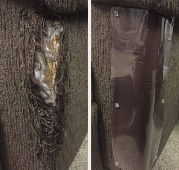 on the left, a reviewer&#x27;s furniture with a rip, and on the right, the same furniture patched up with the furniture guard