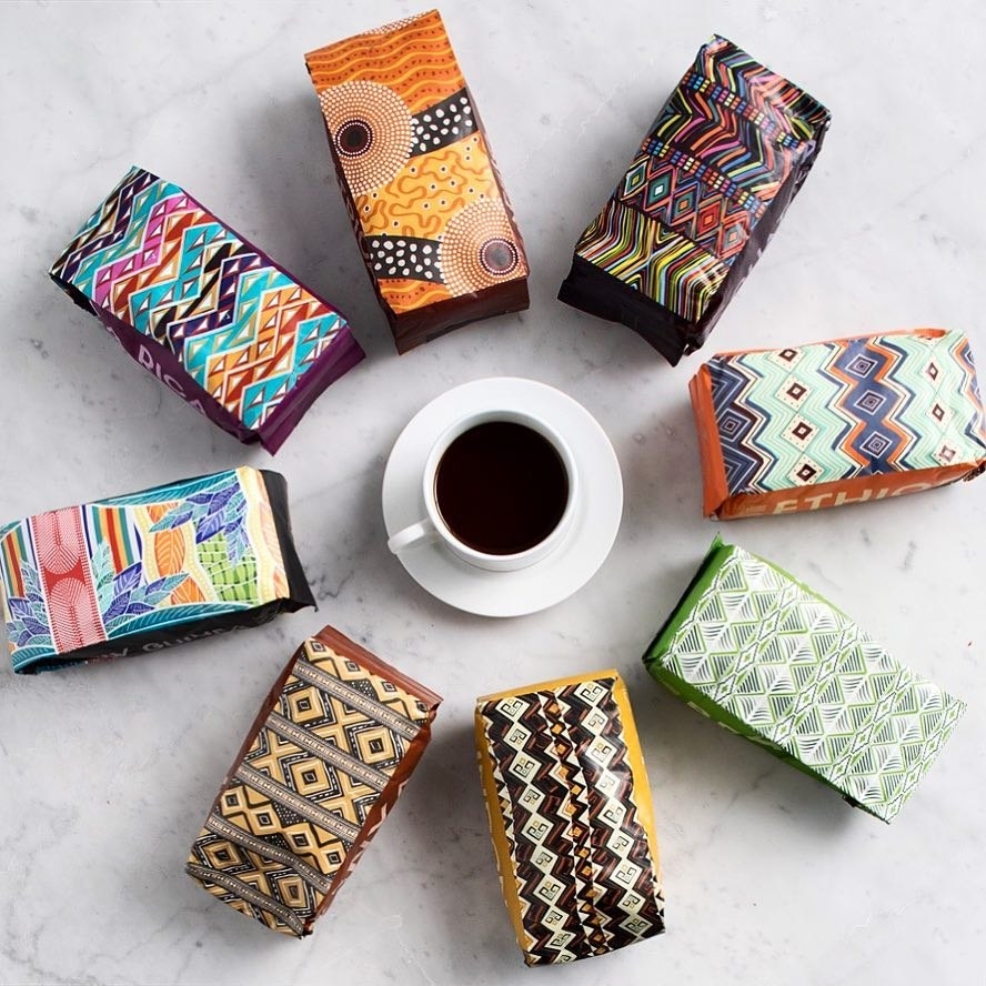 Patterned coffee packages on a surface