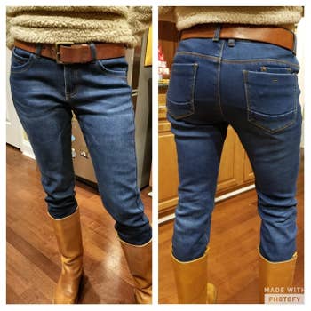 A reviewer in the blue jeans, front and back; they have back pockets and tuck into their boots