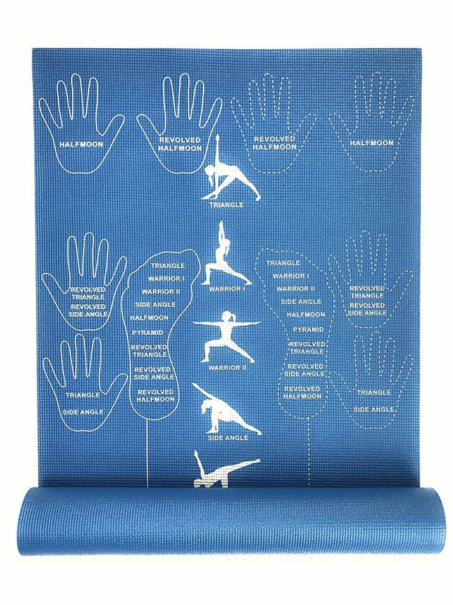 The mat, which has yoga posts and hand placements mapped on the mat