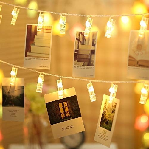 LED photoclips with images hanging from the lights.