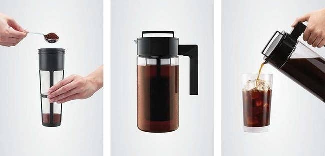 on the left coffee grounds getting scooped into a filter, in the middle the cold brew steeping in the pitcher, on the right the cold brew being poured