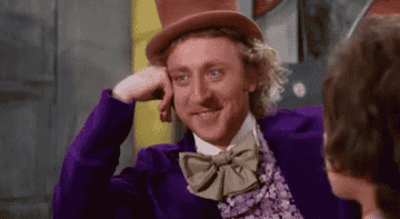 Willy Wonka smiley and looking back and forth