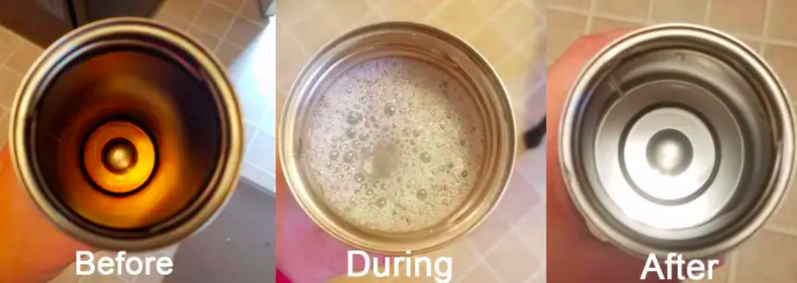 before during and after using cleaning tablets in coffee cup