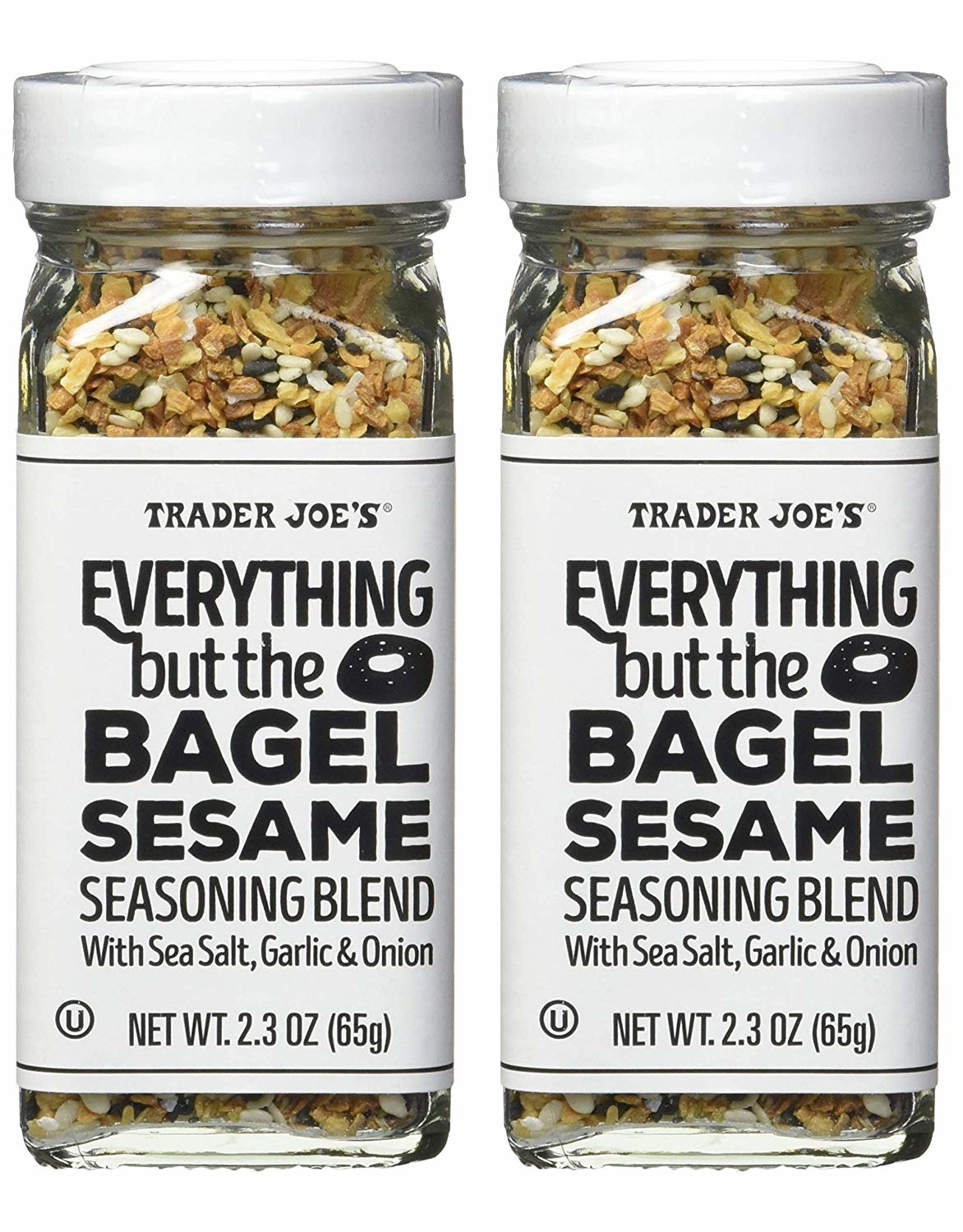 A pair of everything bagel seasoning jars on a simple background