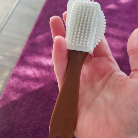Brown brush with white bristles being held in hand 