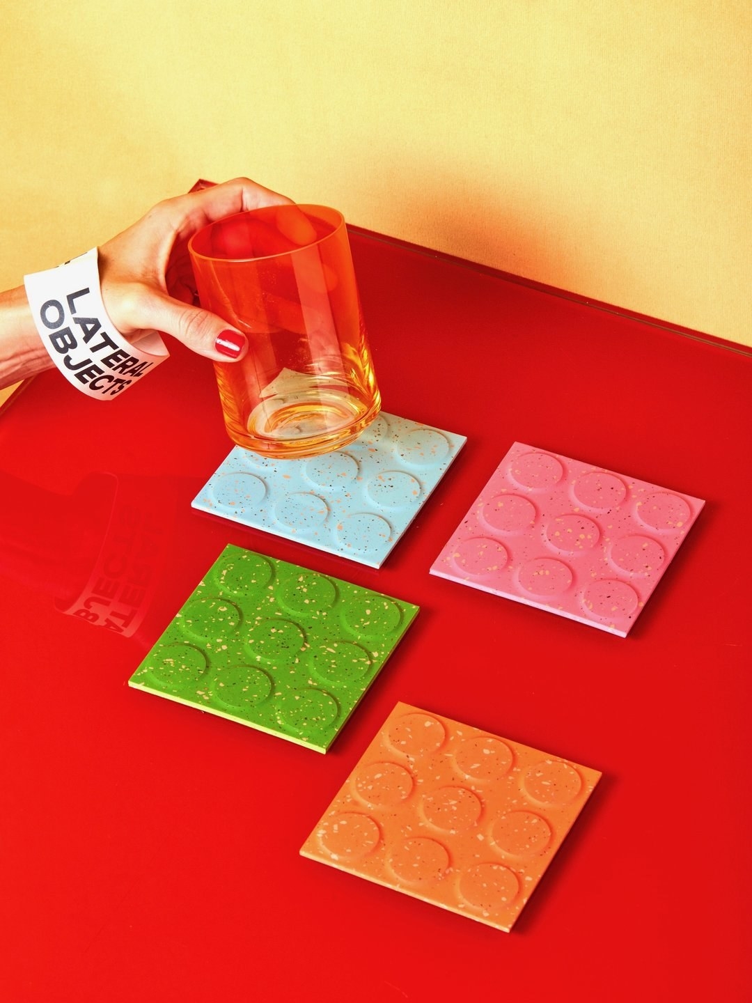 Colorful flex coasters in use 