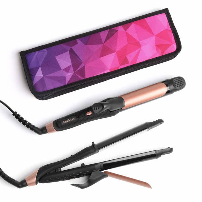 The iron shown closed to work as a curling iron and open to use as a flat iron
