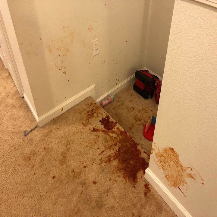 A reviewer showing deep red stains on a large part of their carpet