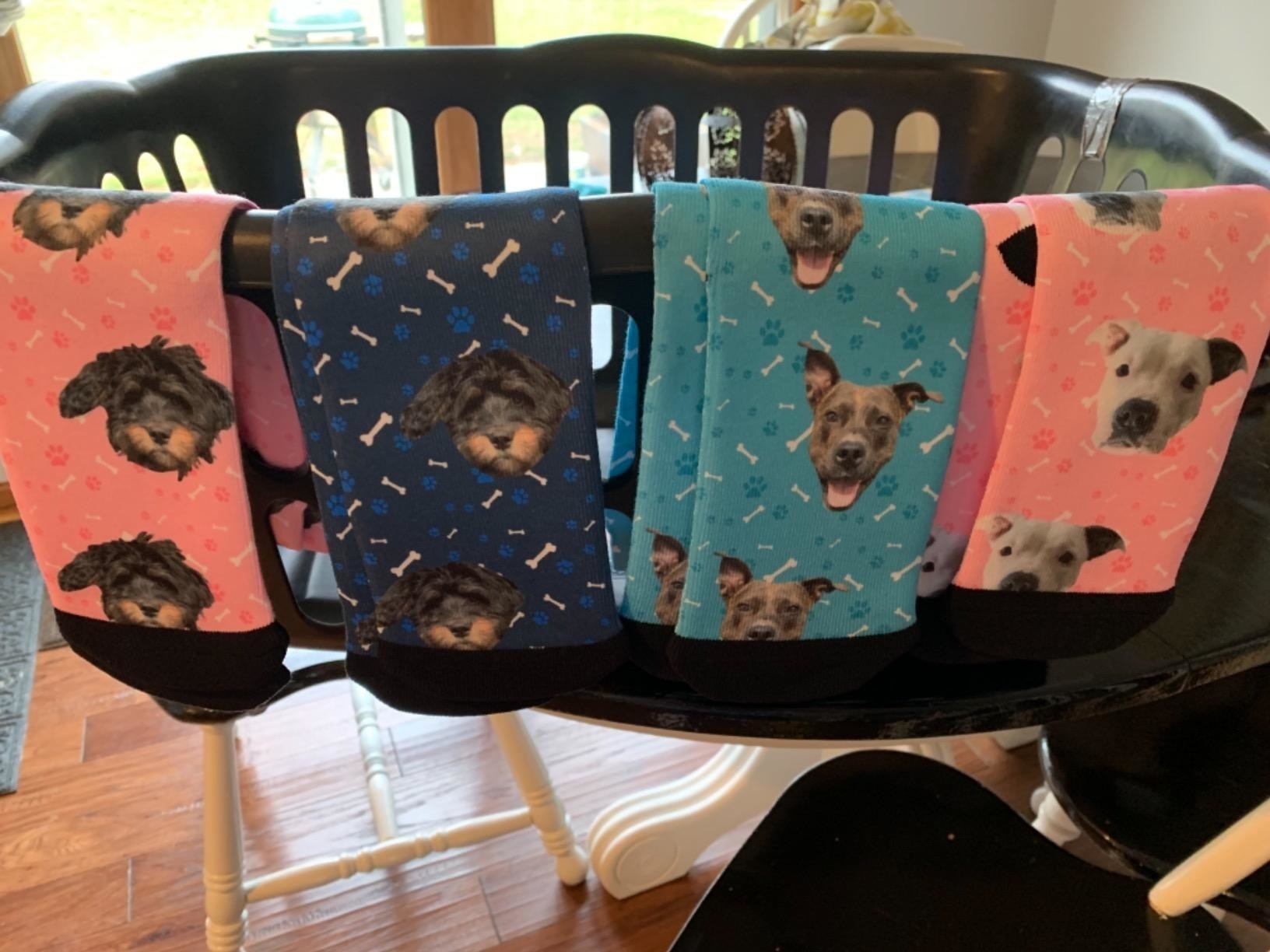 Four pairs of socks with different dog&#x27;s faces on each