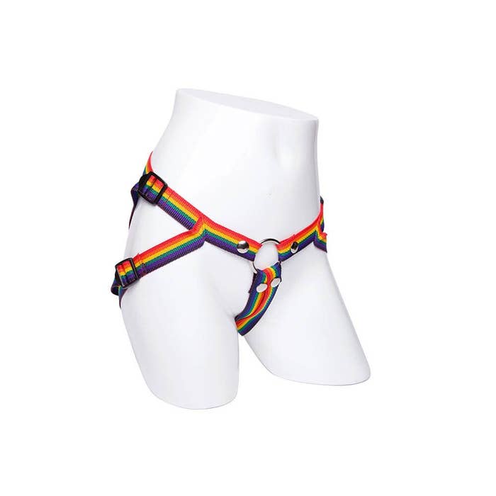 a mannequin wearing the strap on harness in rainbow with a metal o-ring at the center