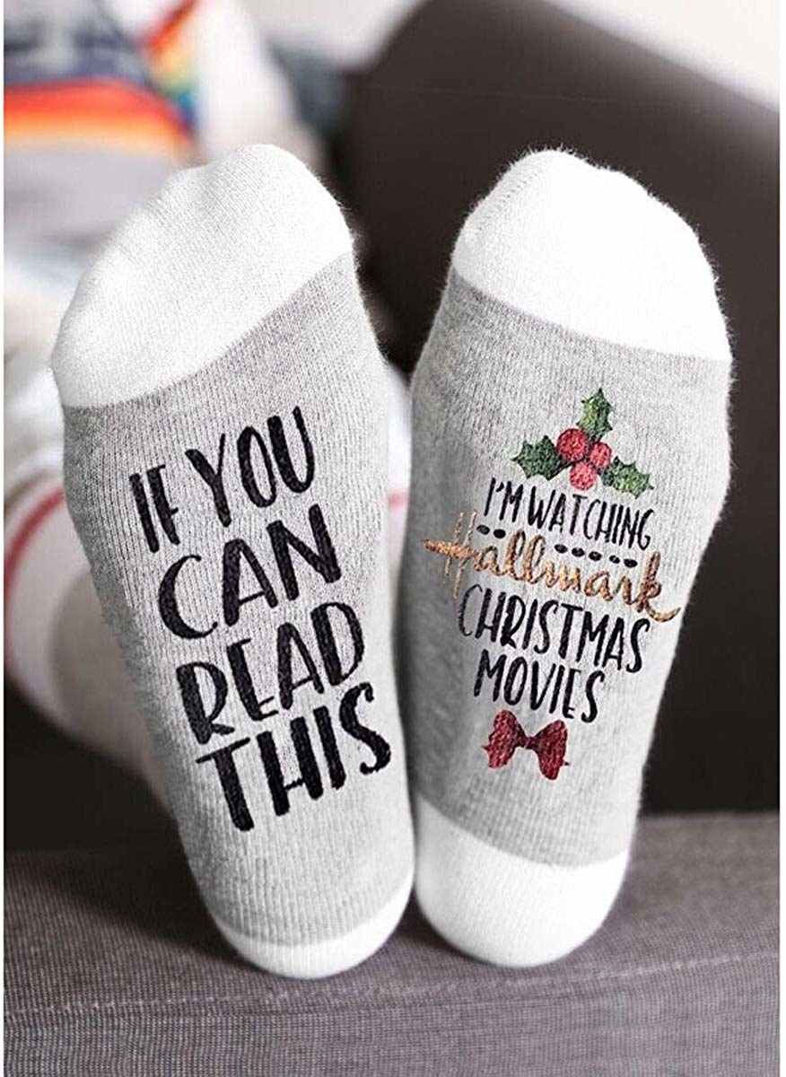 The socks that say &quot;if you can read this&quot; on one and &quot;I&#x27;m watching hallmark Christmas movies&quot; on the other