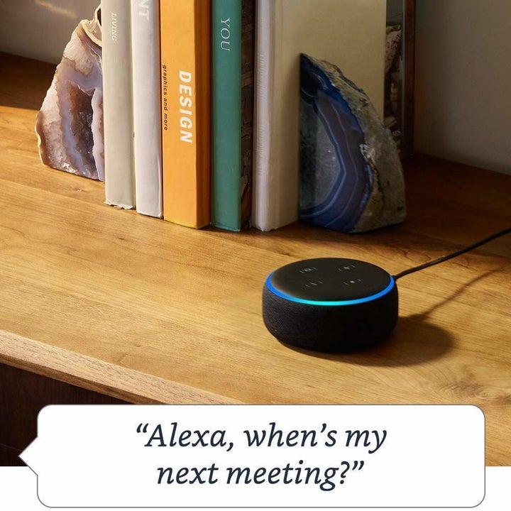 The Echo Dot in black, with a text bubble that says, "Alexa, when's my next meeting?"
