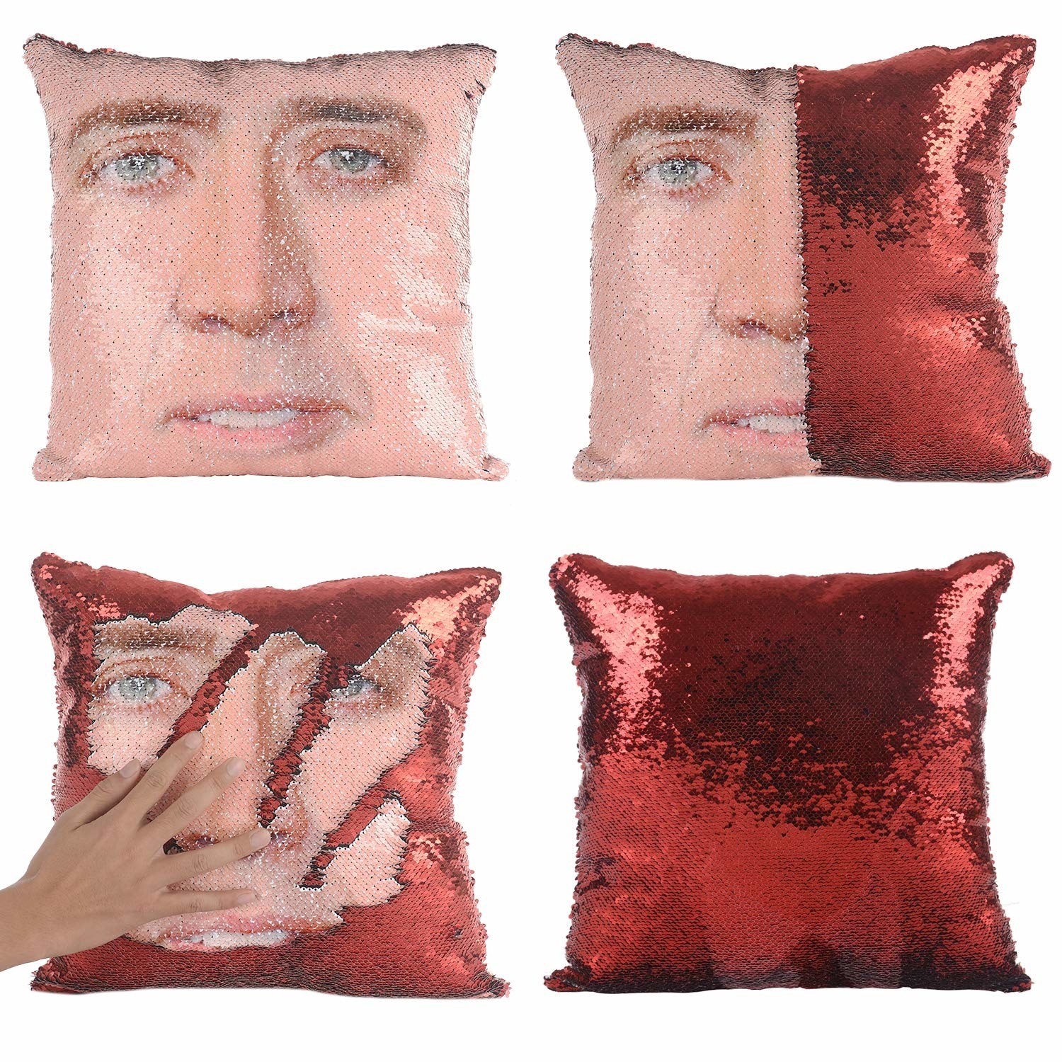 a photo showing Cage's face on the cover and the different ways the sequined red side can be played with