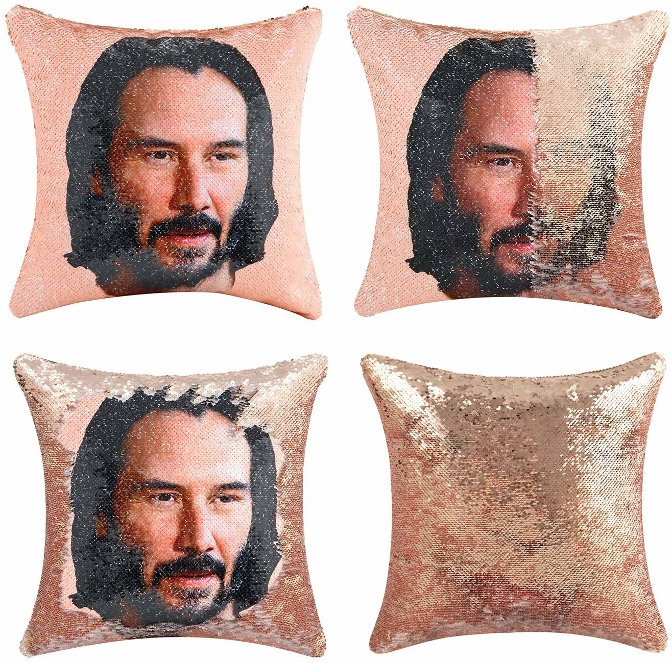 The pillow in four photos showing the sequence from solid gold to keanu&#x27;s face