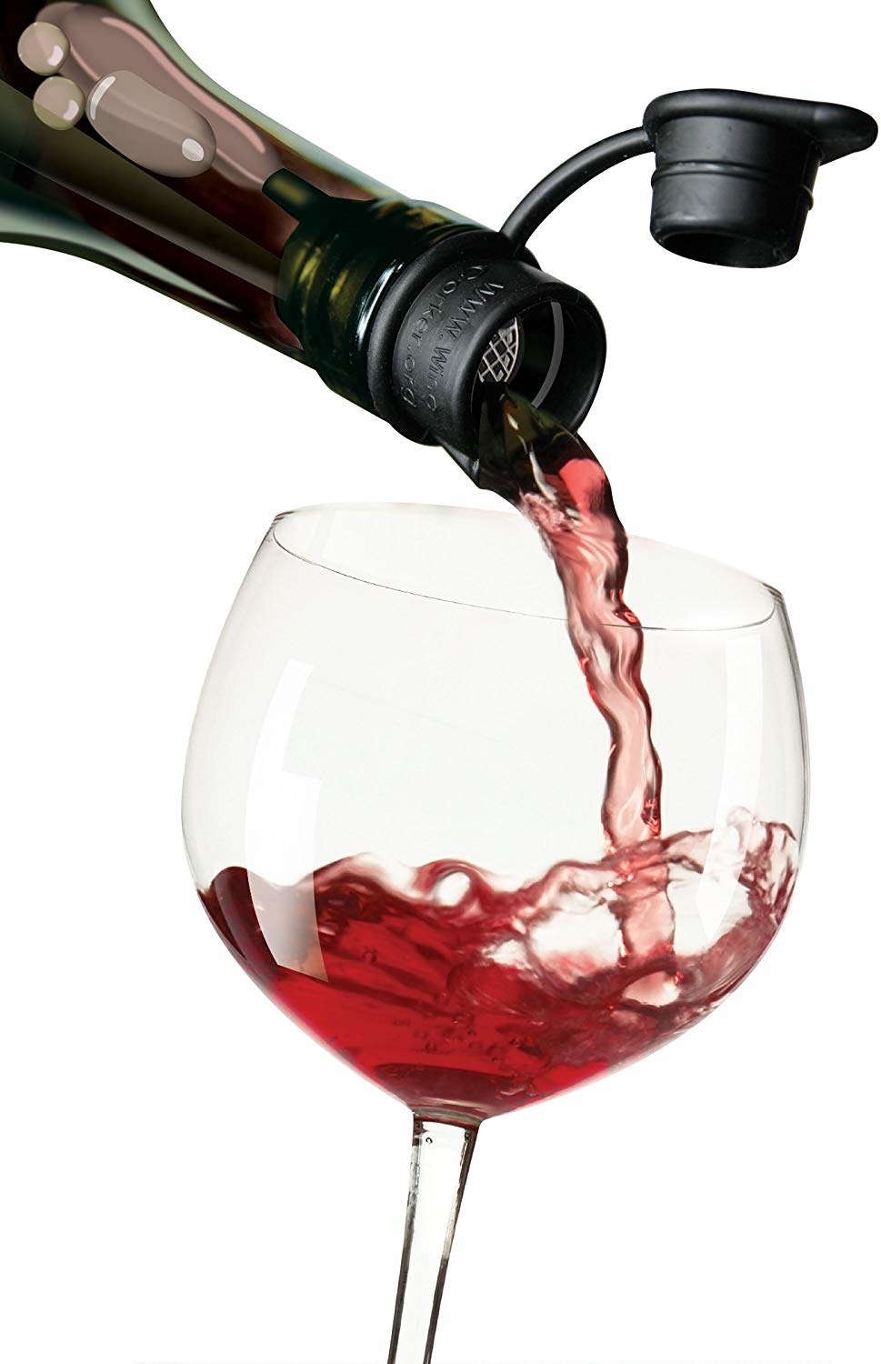 Wine being poured out of a bottle through the aerating stopper into a glass