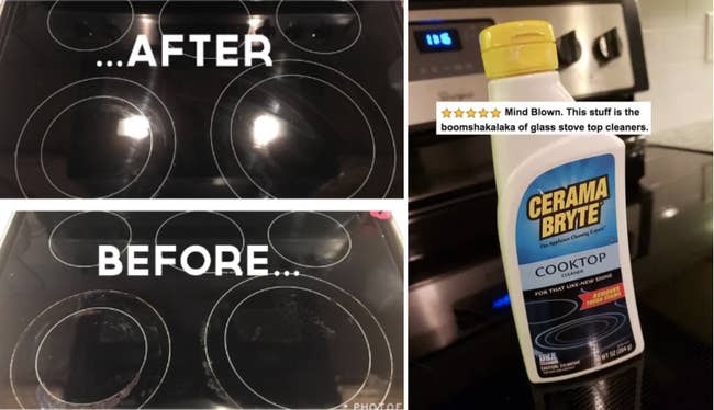 Left: A before/after of a dirty and clean electric cooktop / right: The bottle of cleaner, with five stars and review text 