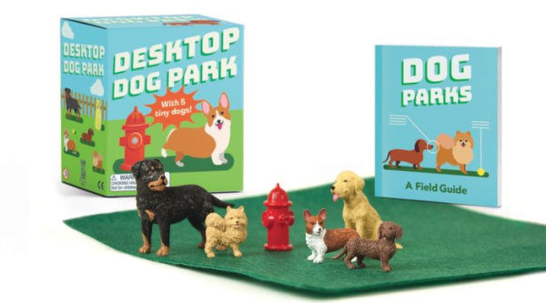 The set: five mini dogs, a mini fire hydrant, and a mini lawn
